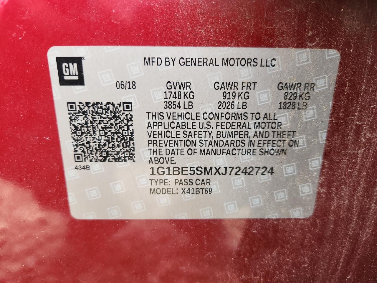 2018 Chevrolet Cruze Lt VIN: 1G1BE5SMXJ7242724 Lot: 82229665