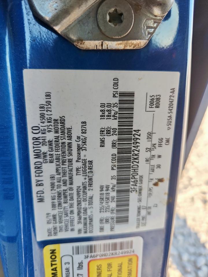 2019 Ford Fusion Se VIN: 3FA6P0HD2KR249924 Lot: 82440175