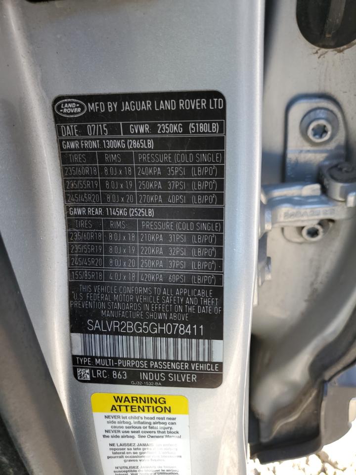 2016 Land Rover Range Rover Evoque Hse VIN: SALVR2BG5GH078411 Lot: 82226145