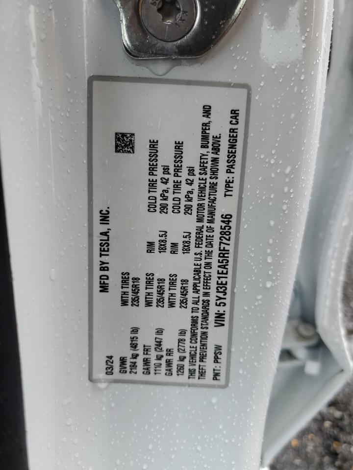 2024 Tesla Model 3 VIN: 5YJ3E1EA5RF728546 Lot: 82425375