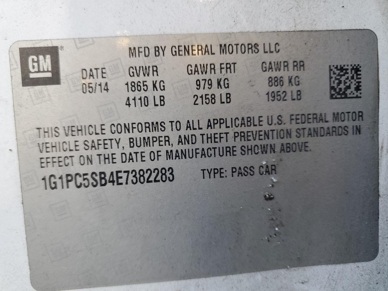 2014 Chevrolet Cruze Lt VIN: 1G1PC5SB4E7382283 Lot: 86212195