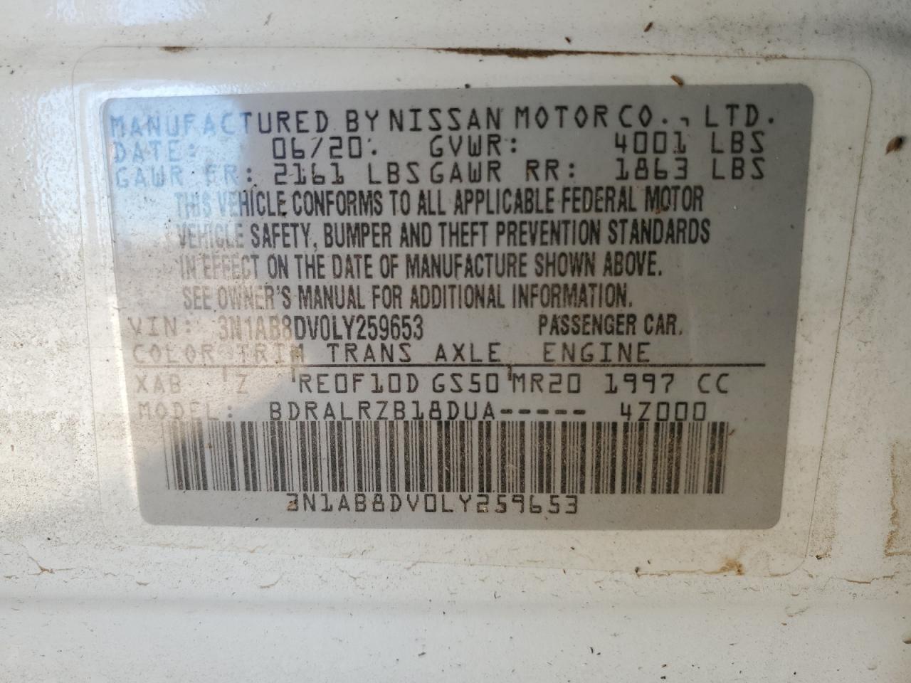 2020 Nissan Sentra Sr VIN: 3N1AB8DV0LY259653 Lot: 84789205