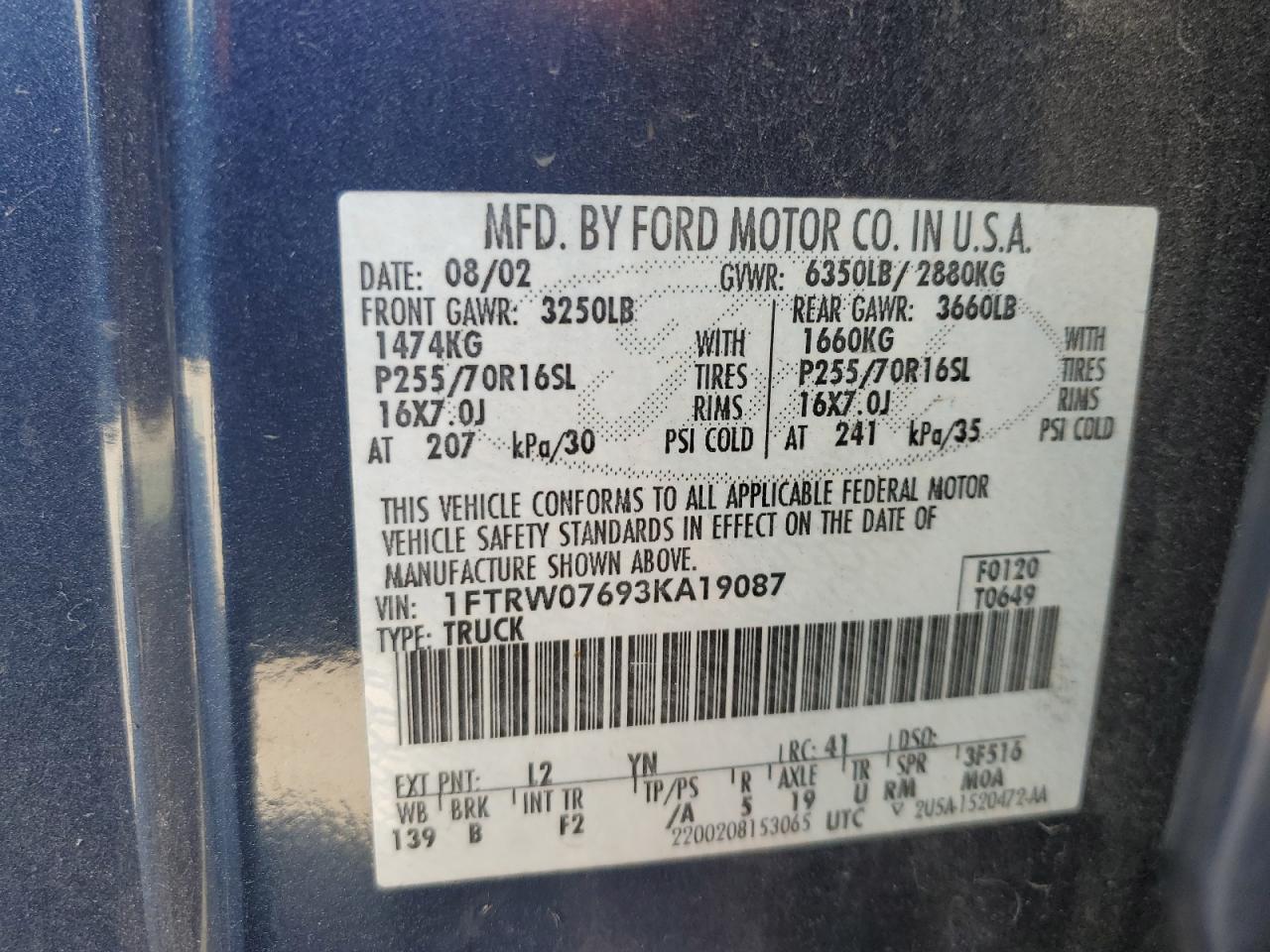 2003 Ford F150 Supercrew VIN: 1FTRW07693KA19087 Lot: 82539035