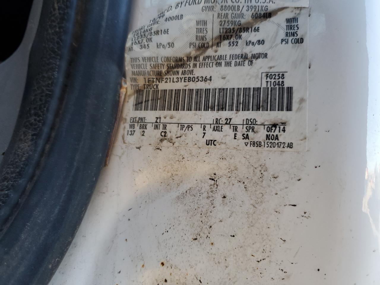 2000 Ford F250 Super Duty VIN: 1FTNF21L3YEB05364 Lot: 85394845