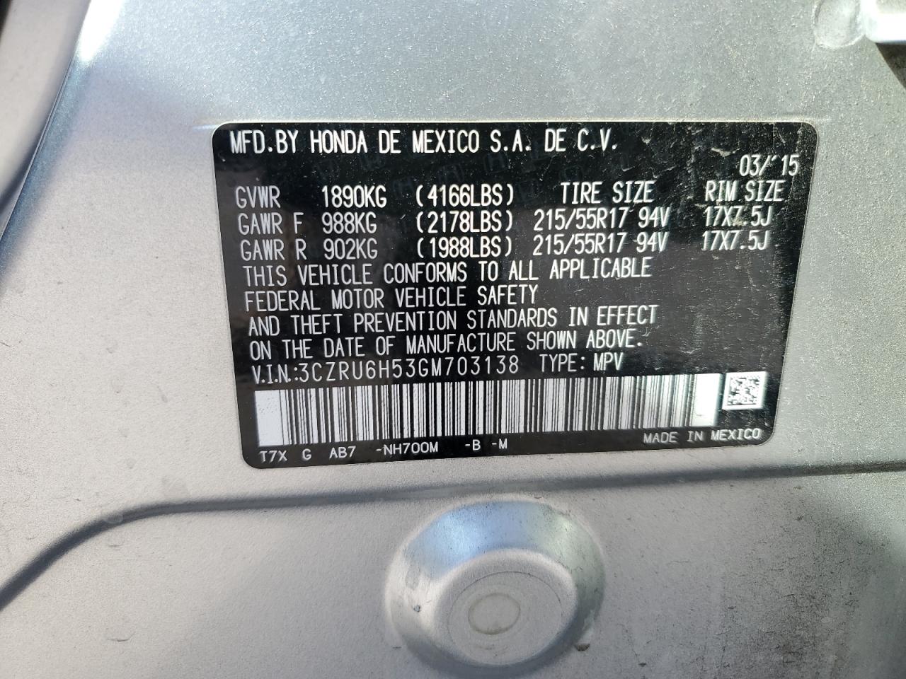 2016 Honda Hr-V Ex VIN: 3CZRU6H53GM703138 Lot: 86641295