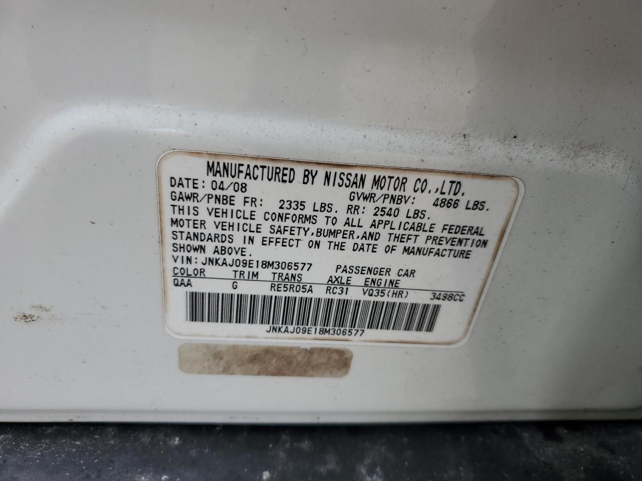 2008 Infiniti Ex35 Base VIN: JNKAJ09E18M306577 Lot: 85499495