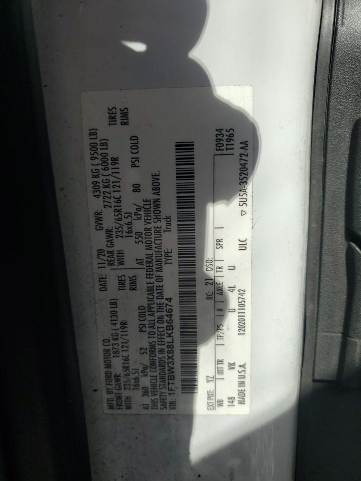 2020 Ford Transit T-350 VIN: 1FTBW3X88LKB64674 Lot: 84262065