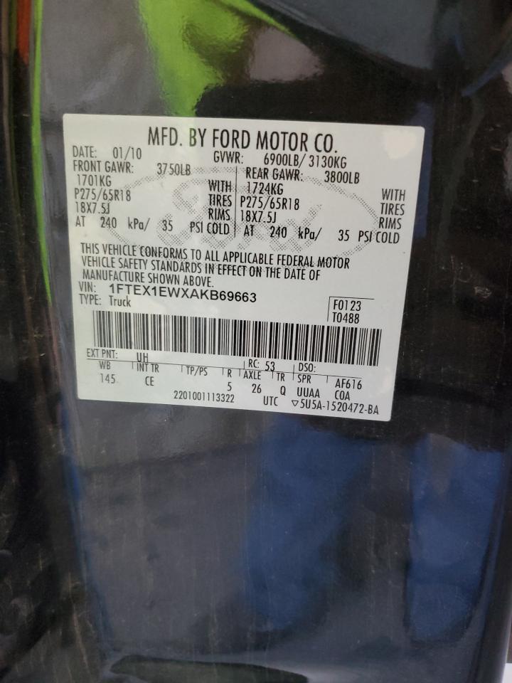 2010 Ford F150 Super Cab VIN: 1FTEX1EWXAKB69663 Lot: 85743725