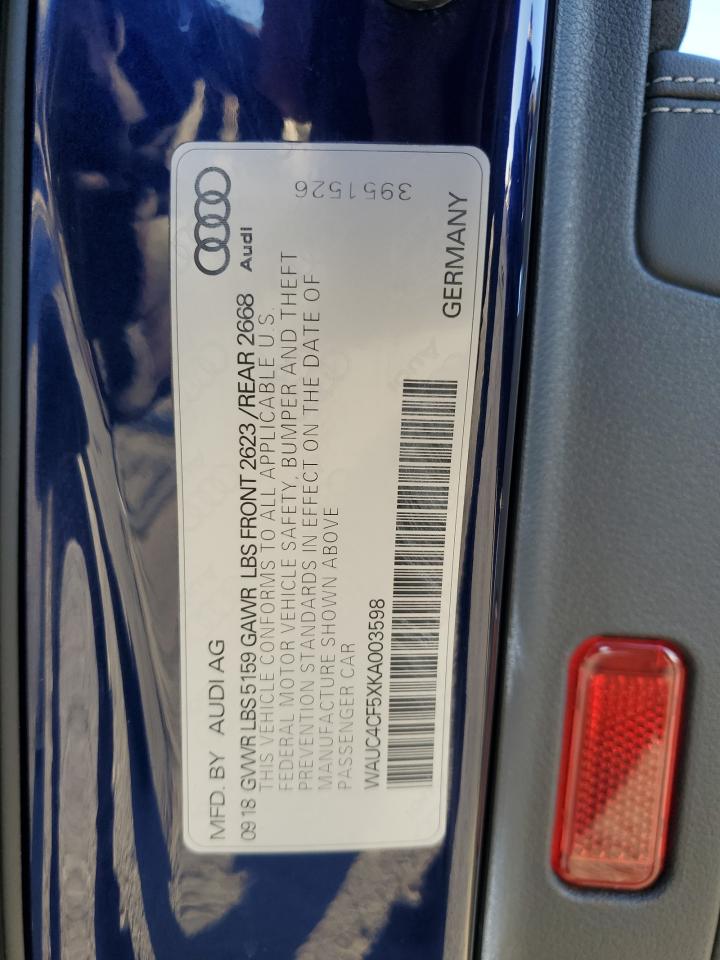2019 Audi S5 Prestige VIN: WAUC4CF5XKA003598 Lot: 82414005