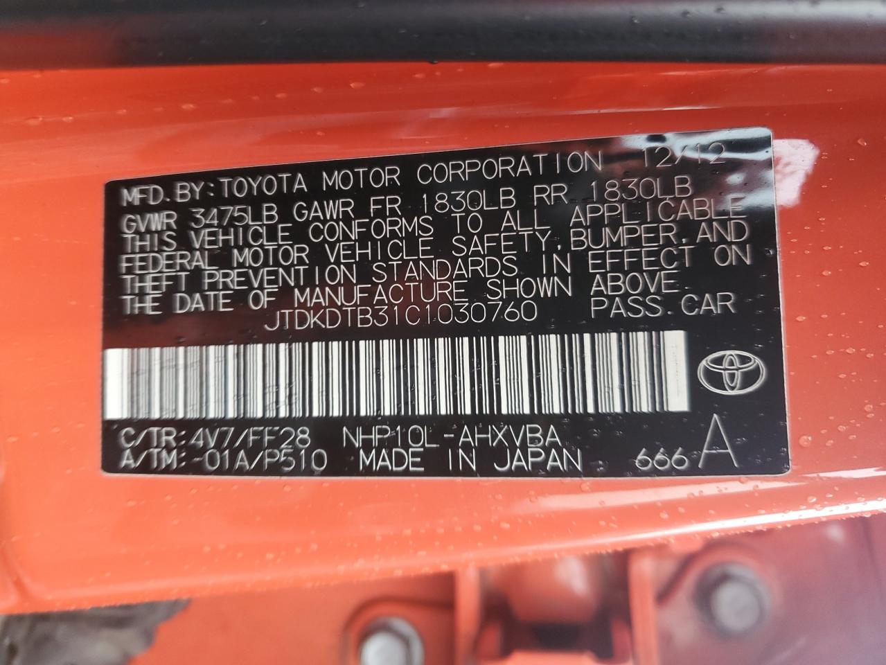 2012 Toyota Prius C VIN: JTDKDTB31C1030760 Lot: 87487195