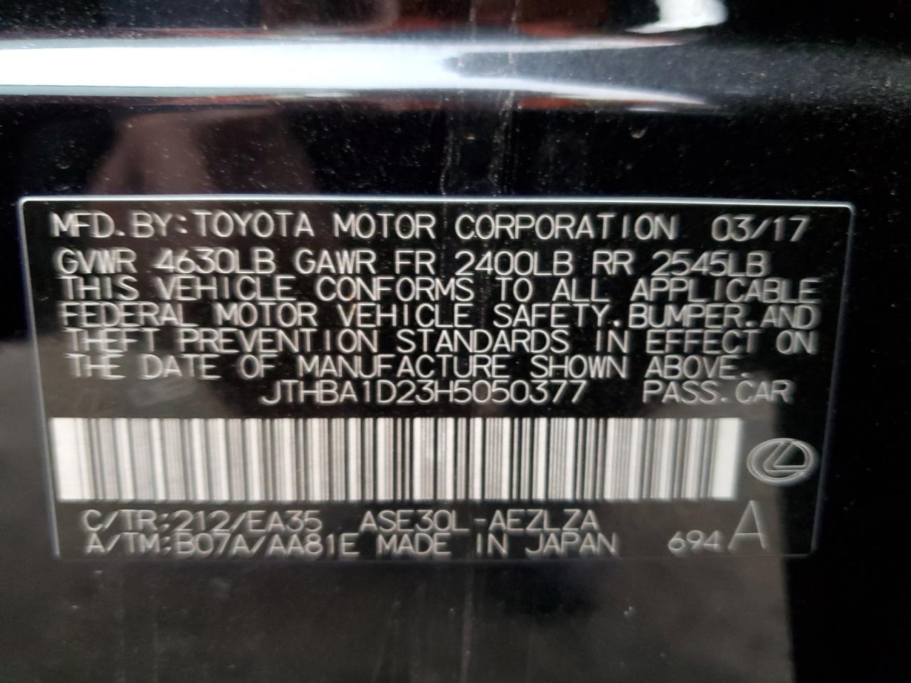 2017 Lexus Is 200T VIN: JTHBA1D23H5050377 Lot: 90109895