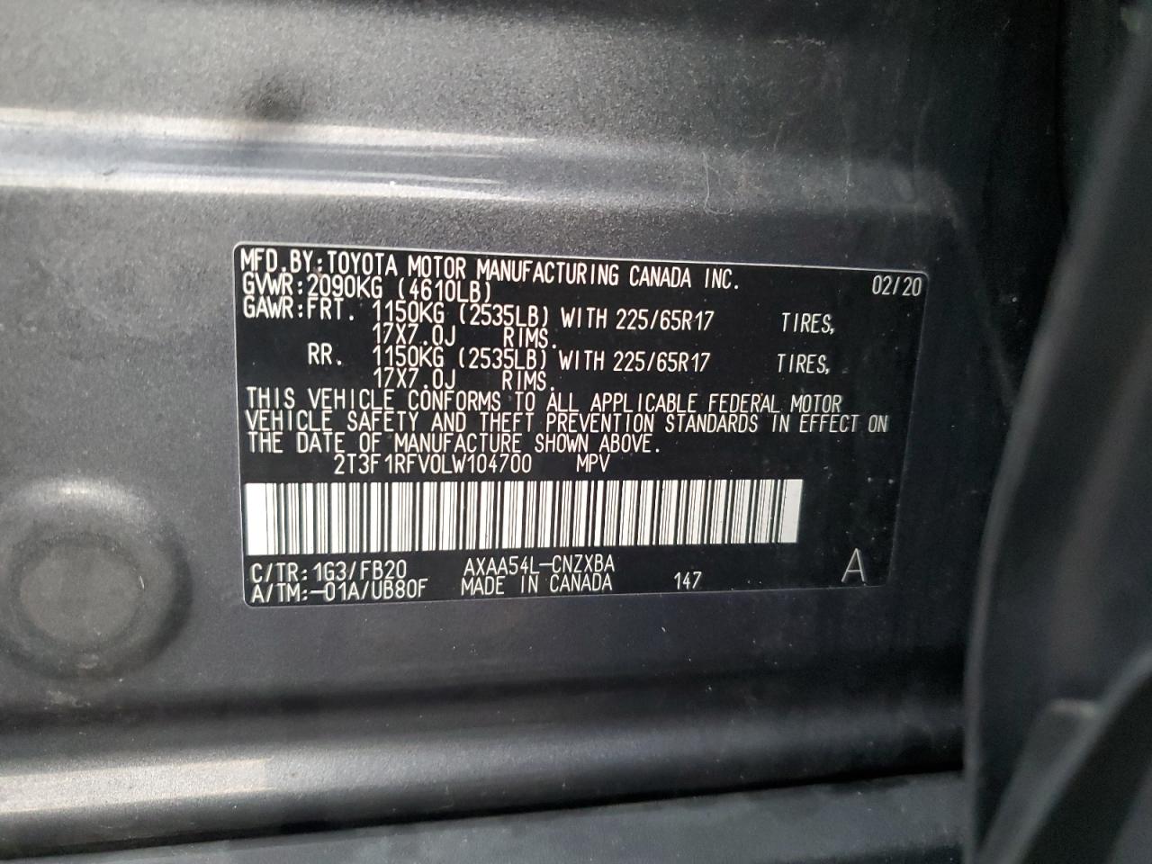 2020 Toyota Rav4 Le VIN: 2T3F1RFV0LW104700 Lot: 81988155