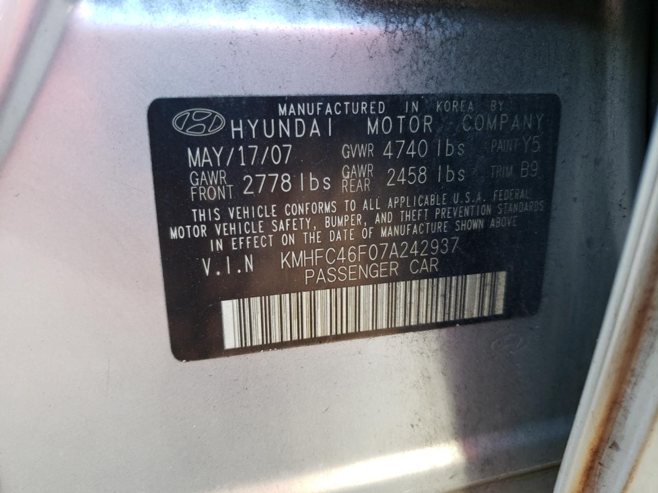 2007 Hyundai Azera Se VIN: KMHFC46F07A242937 Lot: 85093875