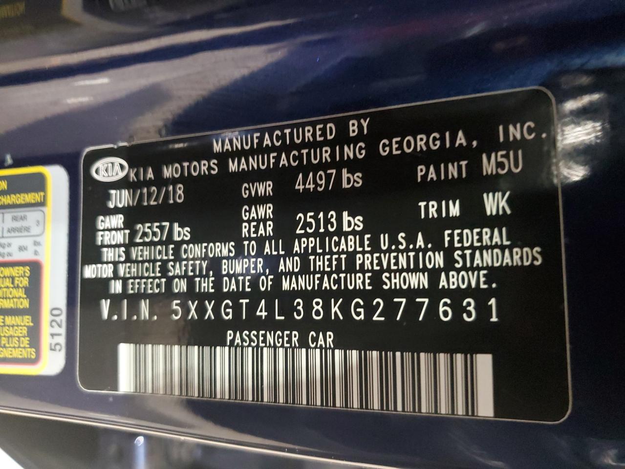 2019 Kia Optima Lx VIN: 5XXGT4L38KG277631 Lot: 87417045