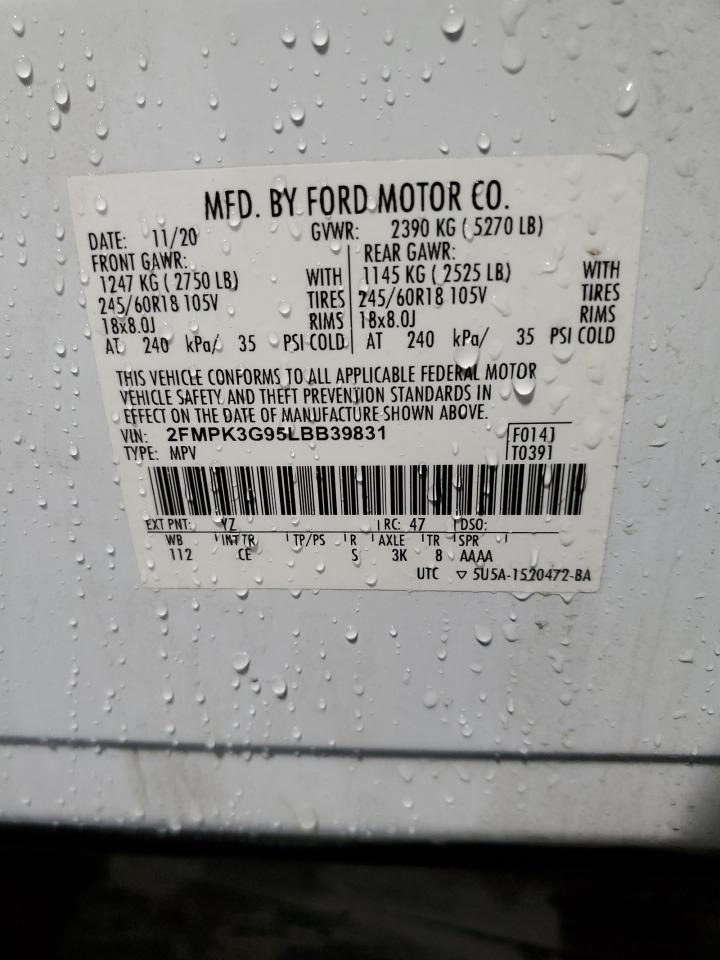 2020 Ford Edge Se VIN: 2FMPK3G95LBB39831 Lot: 85344675