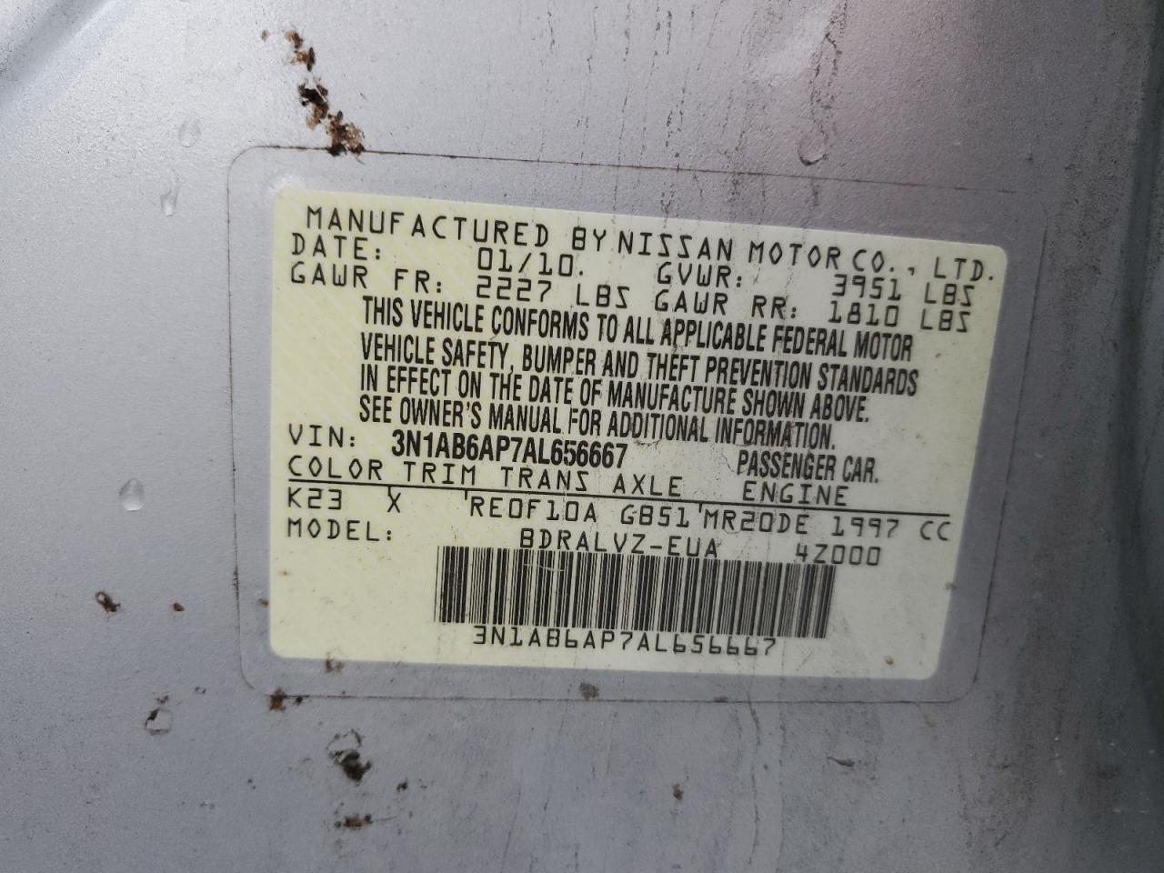 2010 Nissan Sentra 2.0 VIN: 3N1AB6AP7AL656667 Lot: 82327095