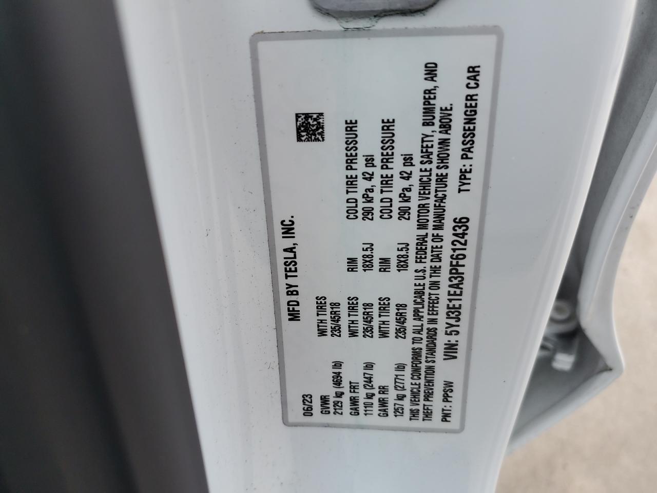 2023 Tesla Model 3 VIN: 5YJ3E1EA3PF612436 Lot: 89871705