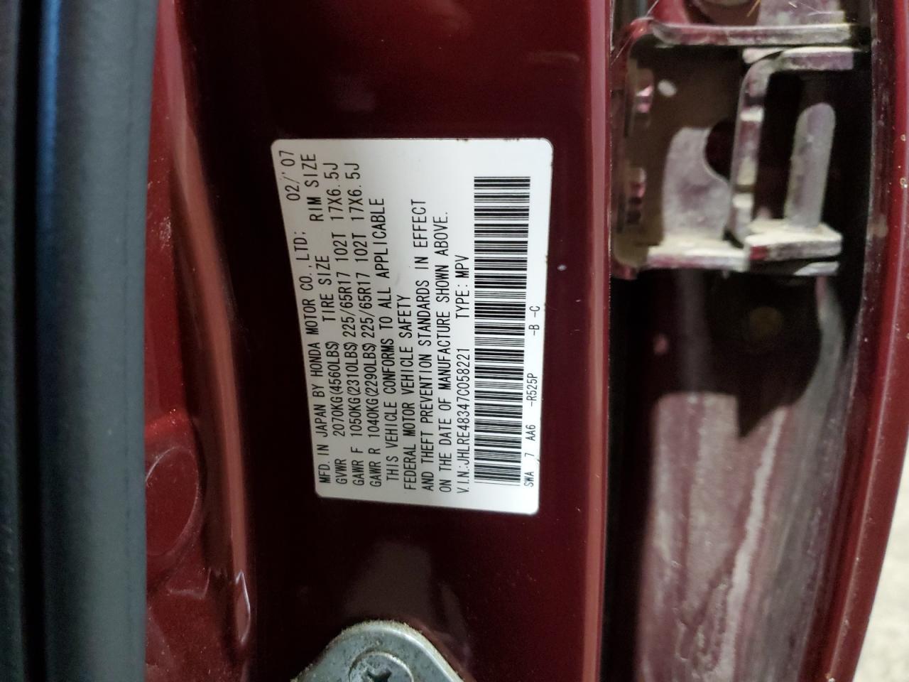 2007 Honda Cr-V Lx VIN: JHLRE48347C058221 Lot: 84836605