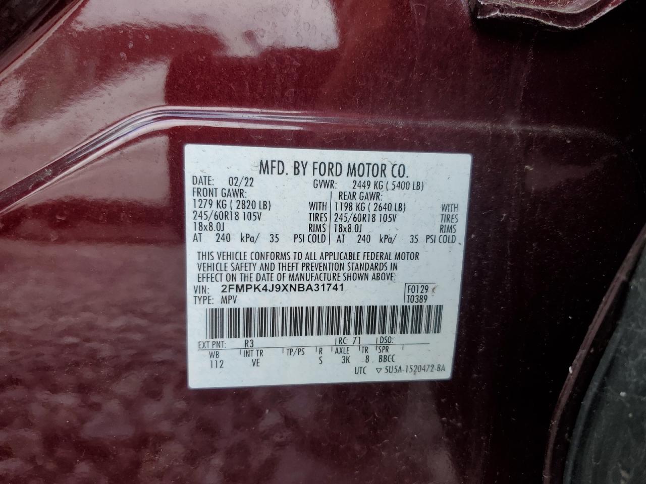 2022 Ford Edge Sel VIN: 2FMPK4J9XNBA31741 Lot: 90295805