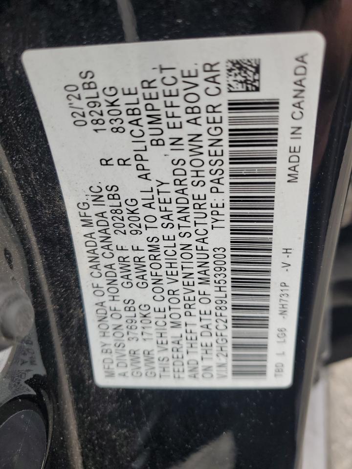 2020 Honda Civic Sport VIN: 2HGFC2F89LH539003 Lot: 86473775