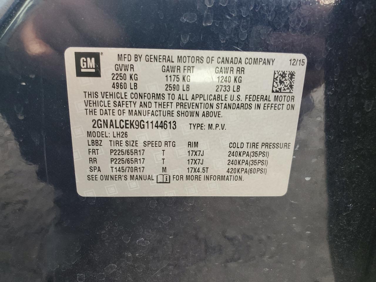 2016 Chevrolet Equinox Lt VIN: 2GNALCEK9G1144613 Lot: 85147845