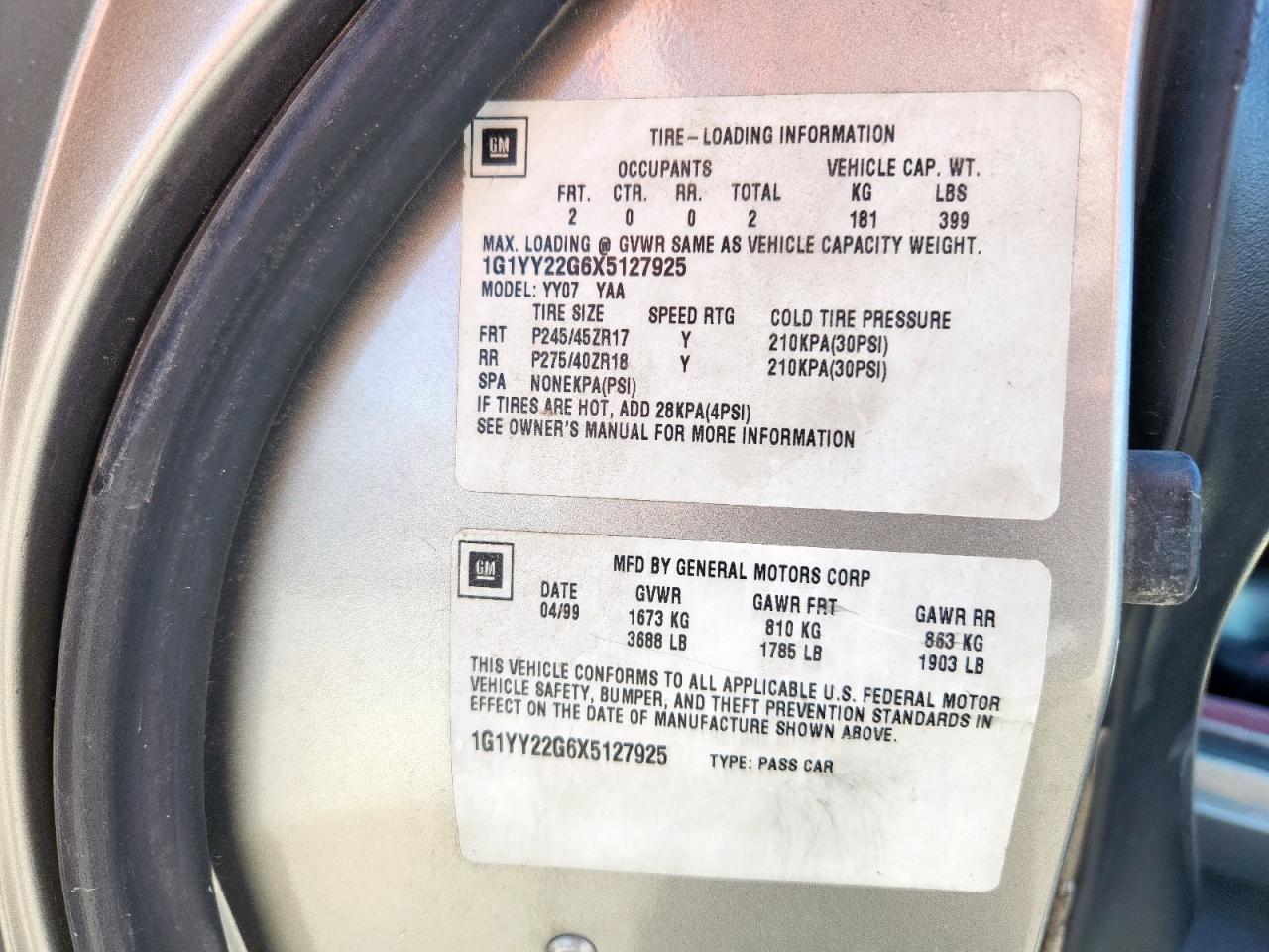 1999 Chevrolet Corvette VIN: 1G1YY22G6X5127925 Lot: 85857575