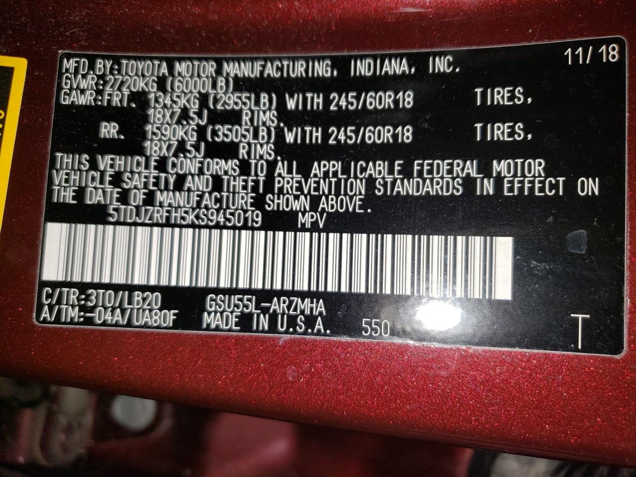 2019 Toyota Highlander Se VIN: 5TDJZRFH5KS945019 Lot: 86336205