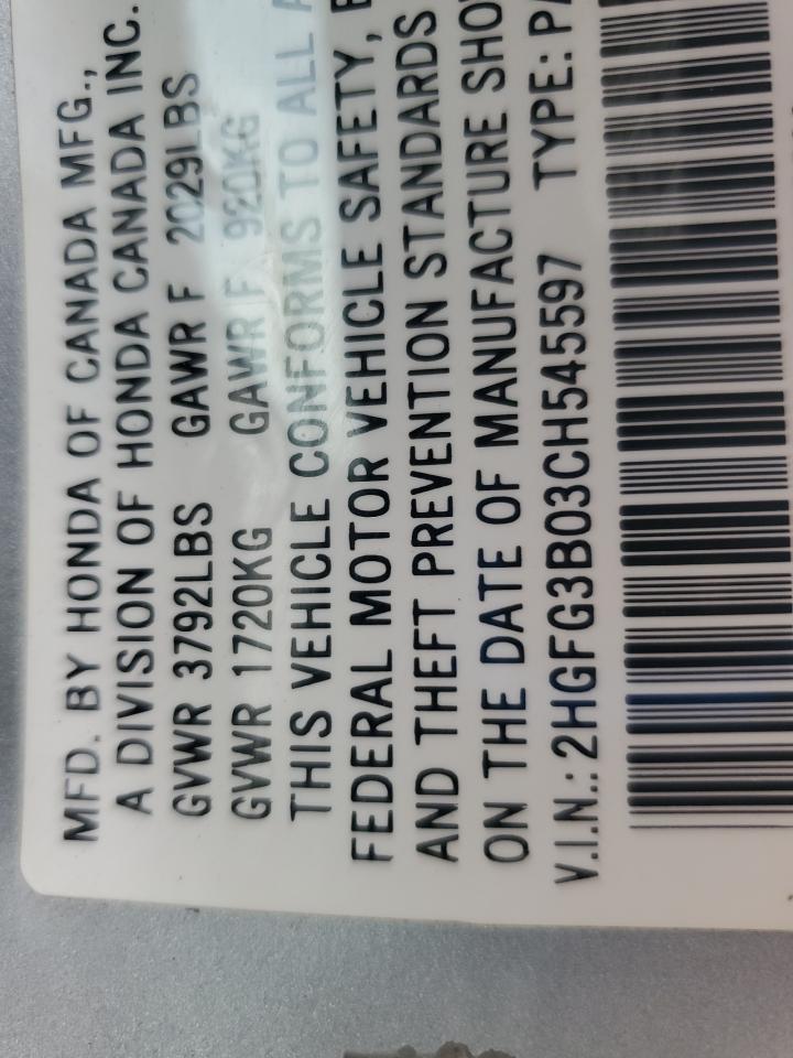 2012 Honda Civic Exl VIN: 545597 Lot: 86407545