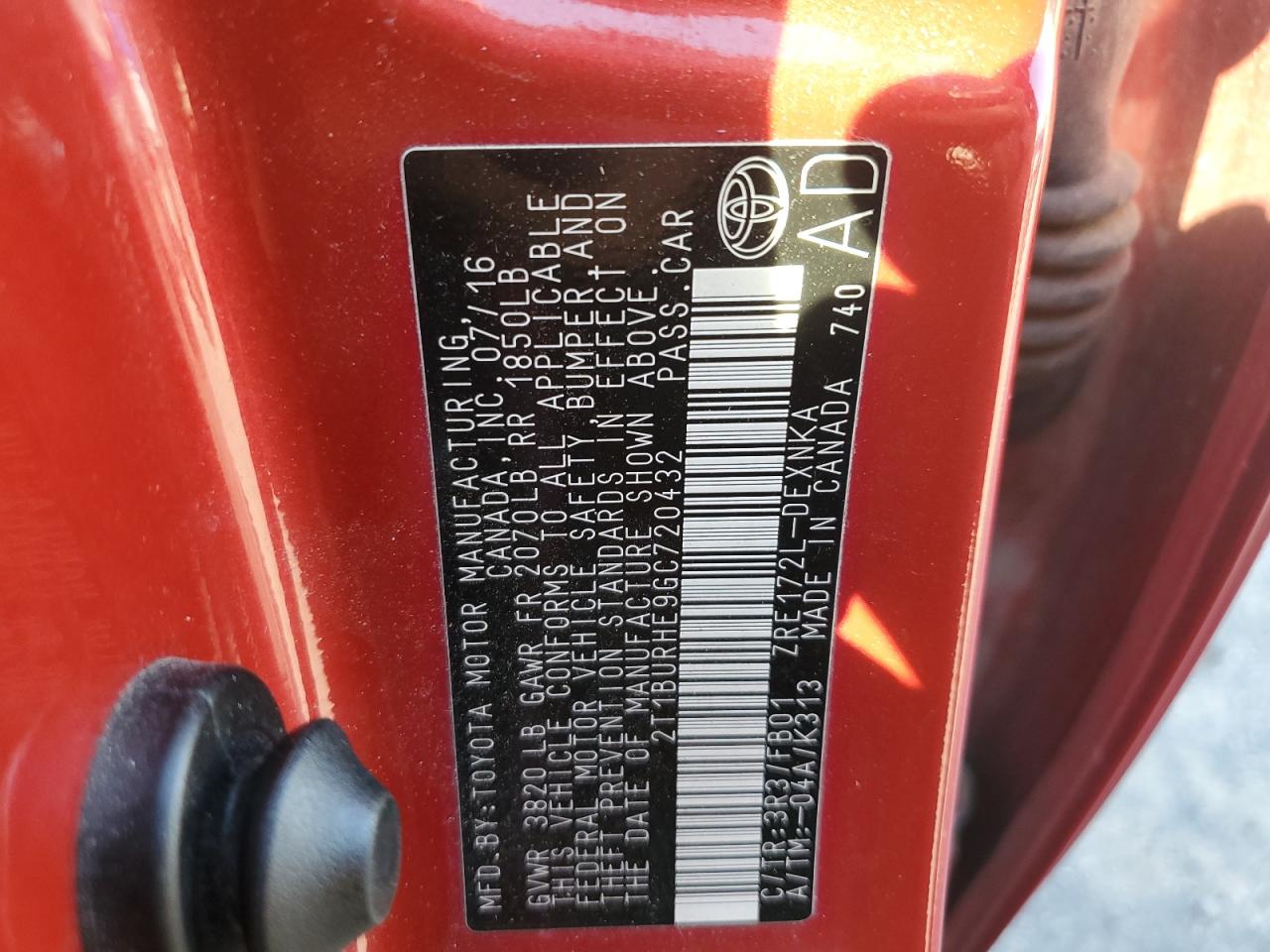 2016 Toyota Corolla L VIN: 2T1BURHE9GC720432 Lot: 82009865