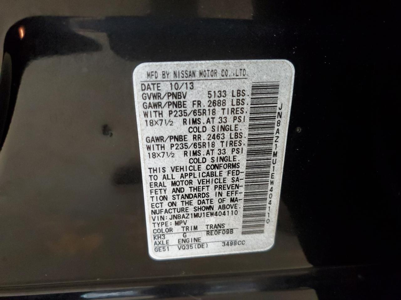 2014 Nissan Murano S VIN: JN8AZ1MU1EW404110 Lot: 84609705