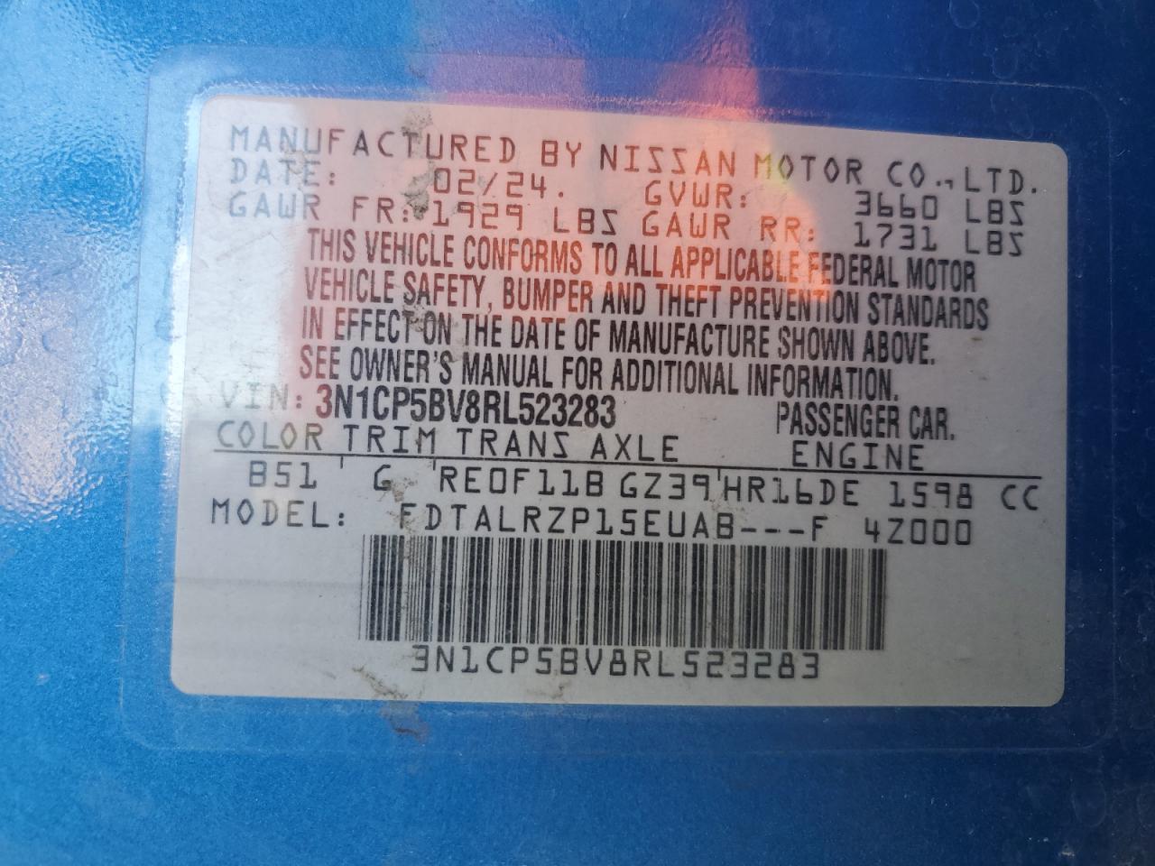 2024 Nissan Kicks S VIN: 3N1CP5BV8RL523283 Lot: 85587445