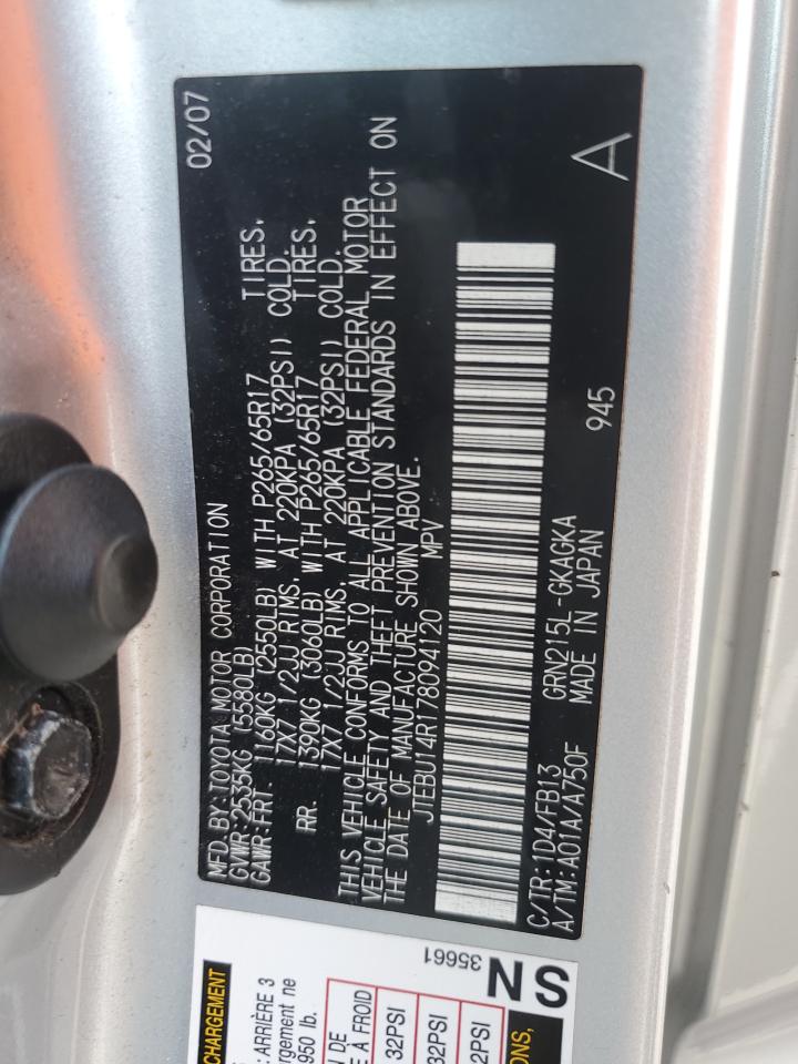 2007 Toyota 4Runner Sr5 VIN: JTEBU14R178094120 Lot: 82517495