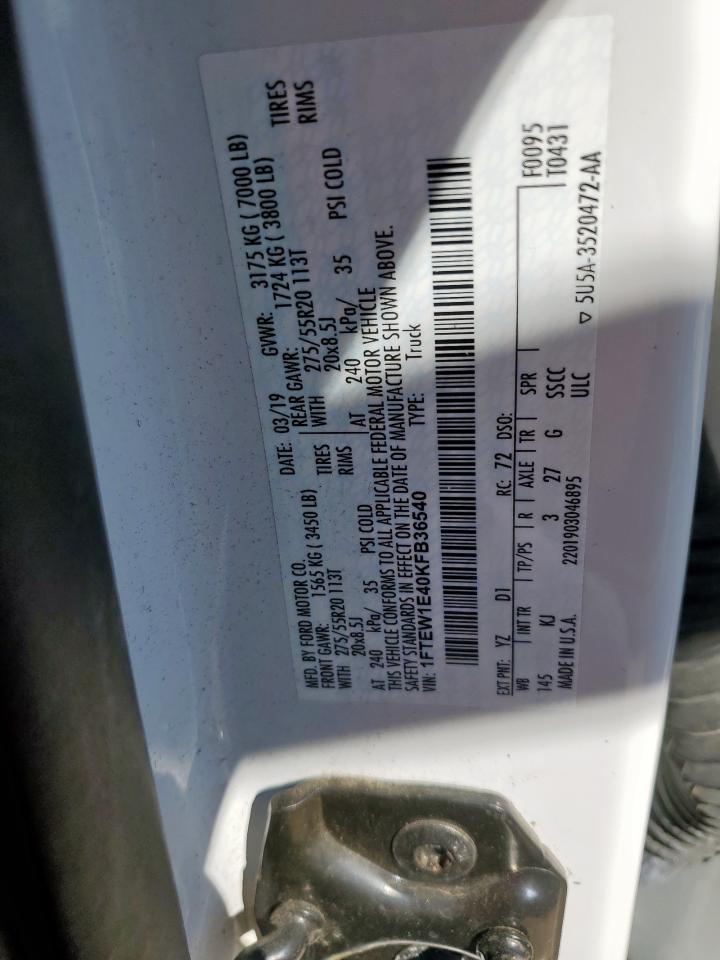 2019 Ford F150 Supercrew VIN: 1FTEW1E40KFB36540 Lot: 90947155