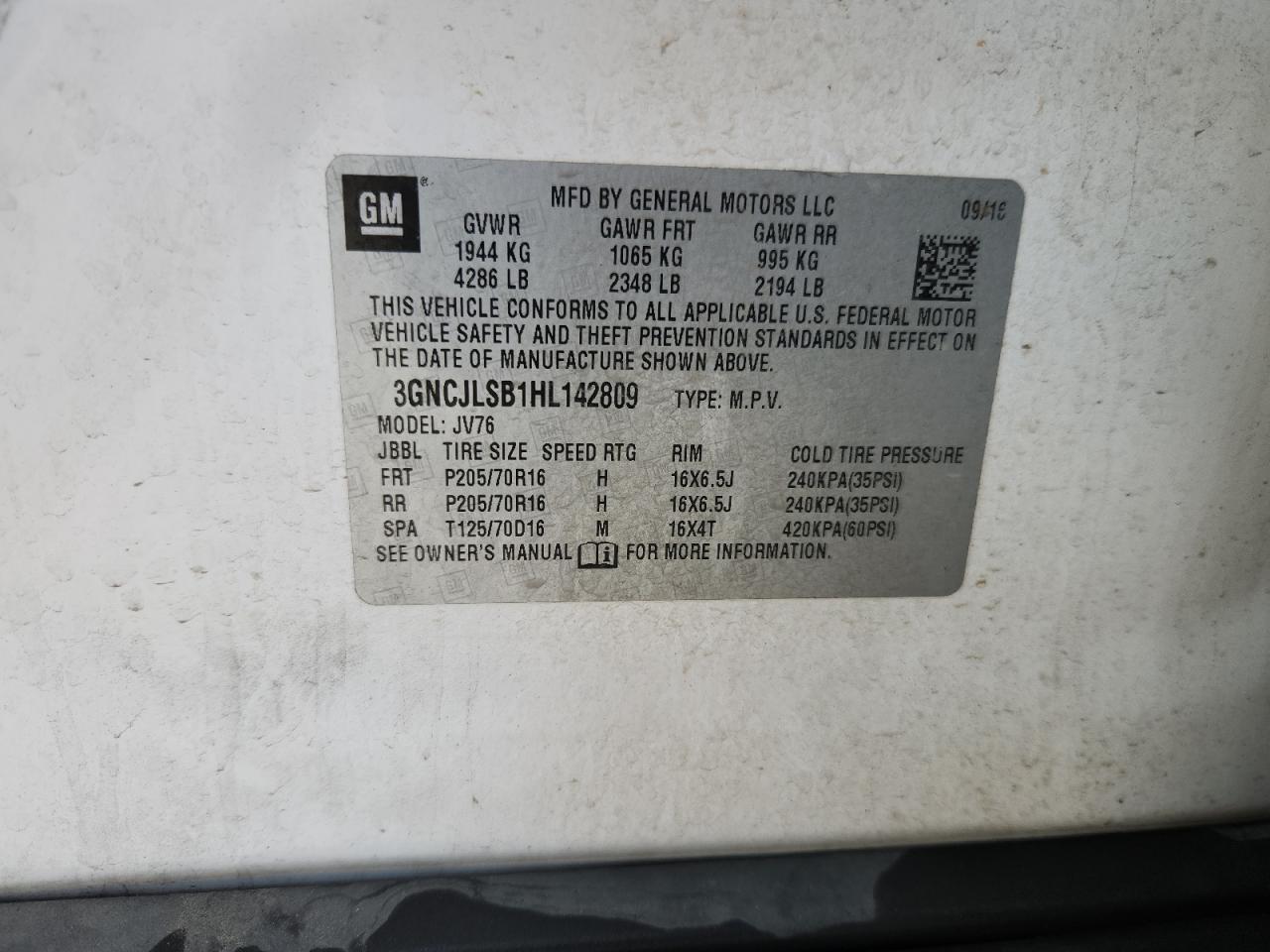 2017 Chevrolet Trax 1Lt VIN: 3GNCJLSB1HL142809 Lot: 89681245