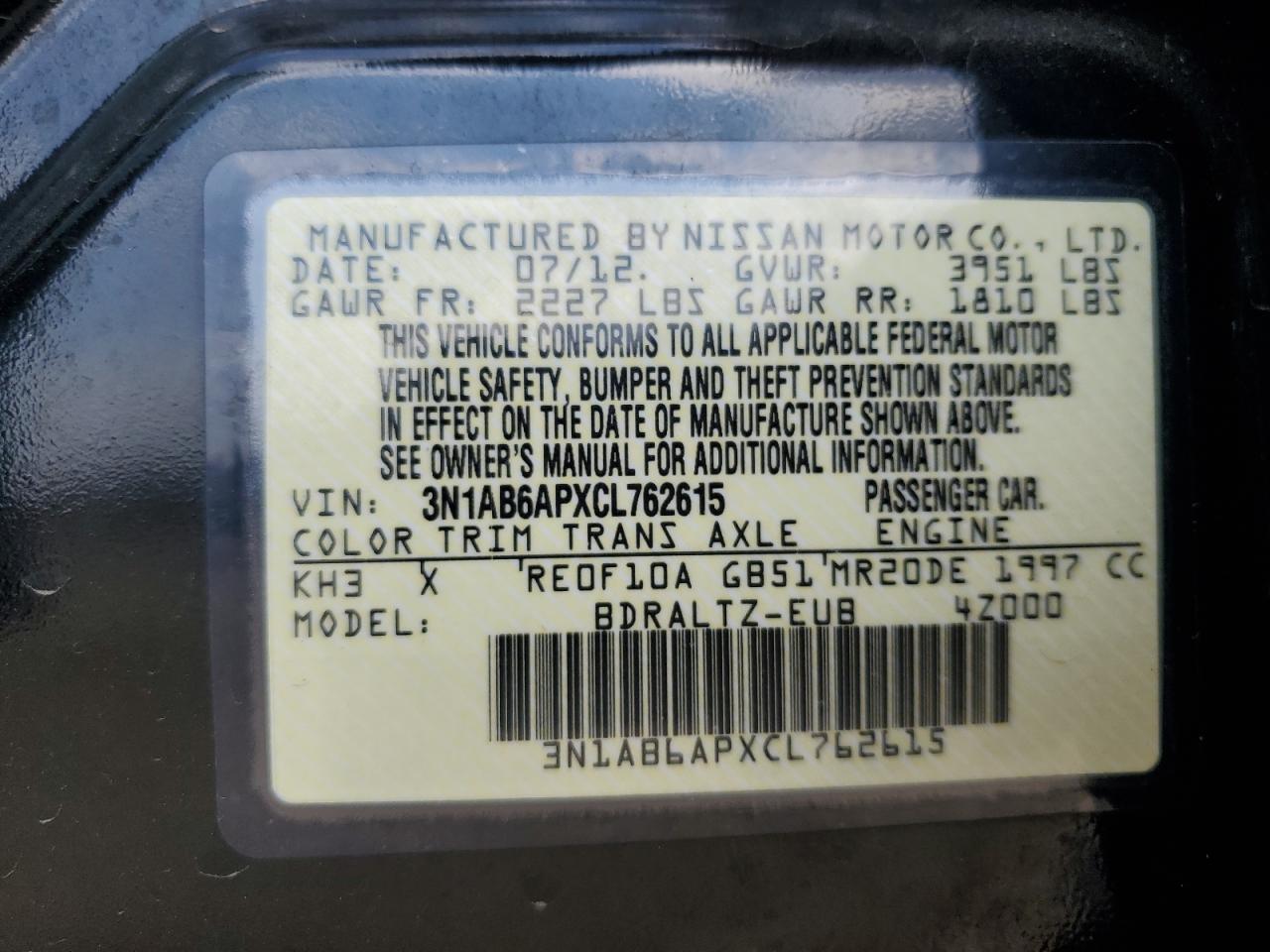 2012 Nissan Sentra 2.0 VIN: 3N1AB6APXCL762615 Lot: 84882505