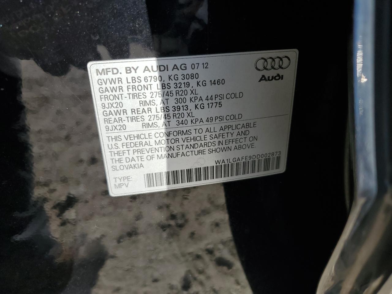 2013 Audi Q7 Premium Plus VIN: WA1LGAFE9DD002873 Lot: 81248485