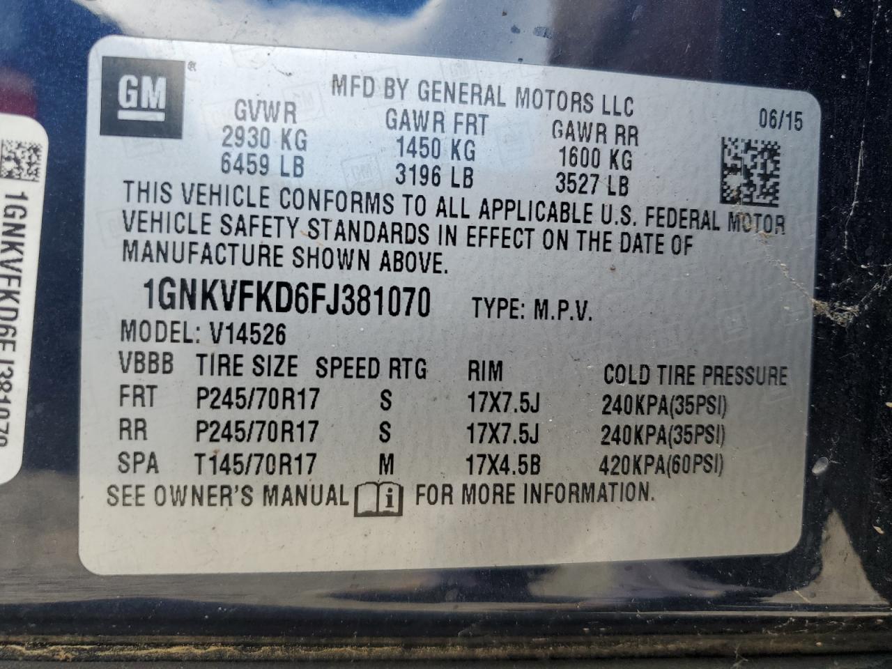 2015 Chevrolet Traverse Ls VIN: 1GNKVFKD6FJ381070 Lot: 87281075