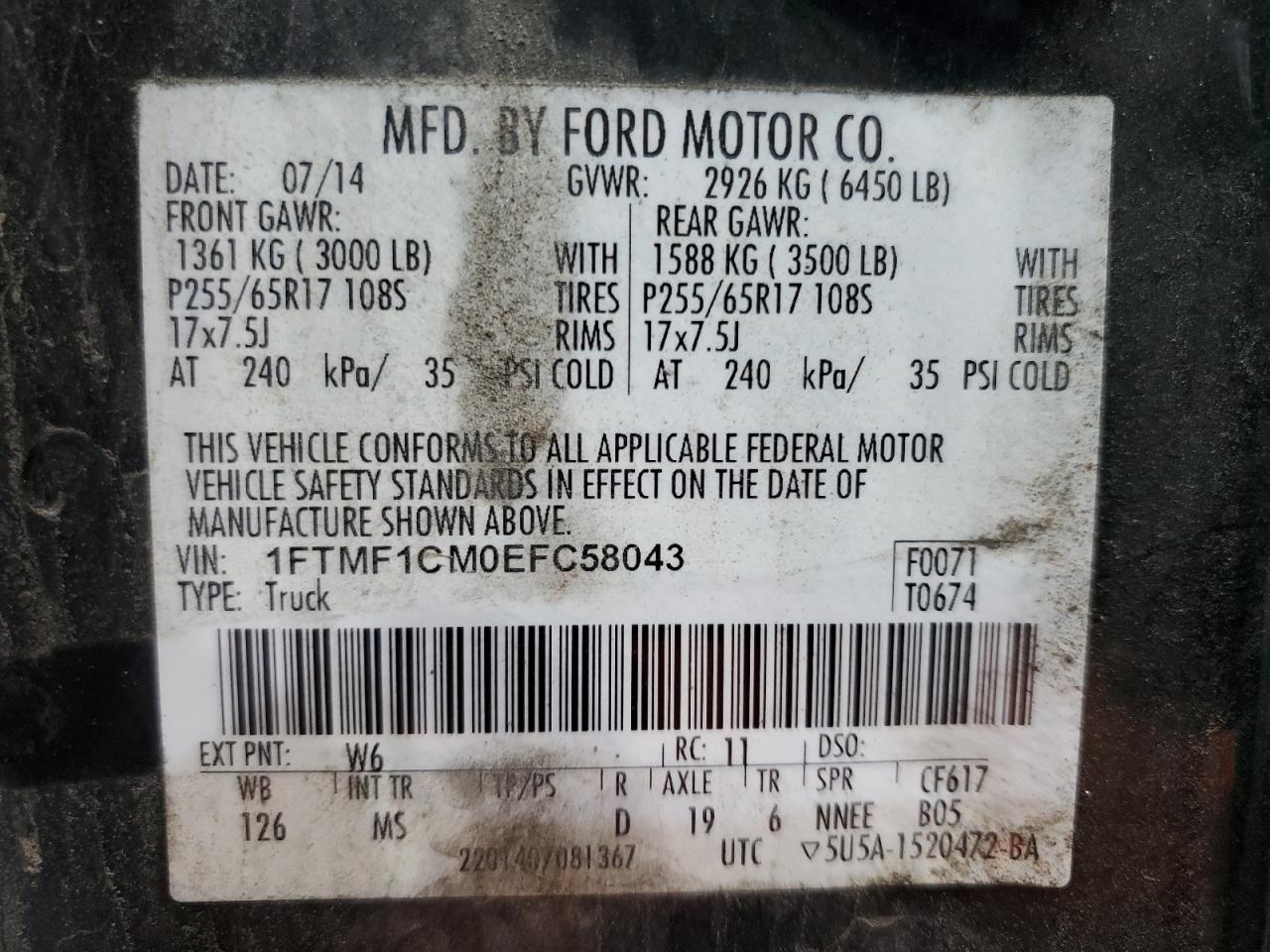 2014 Ford F150 VIN: 1FTMF1CM0EFC58043 Lot: 85705575