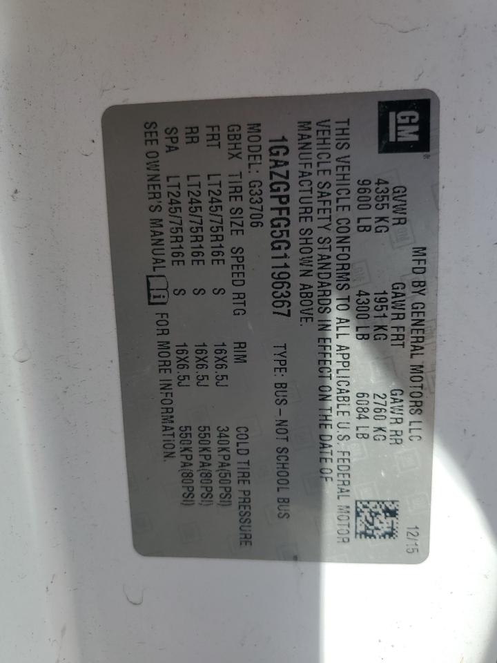 2016 Chevrolet Express G3500 Lt VIN: 1GAZGPFG5G1196367 Lot: 86284505