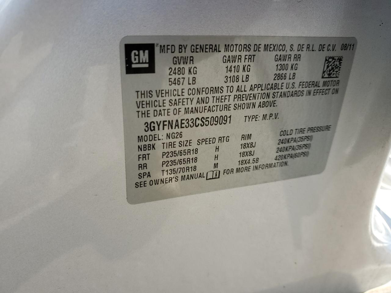 2012 Cadillac Srx Luxury Collection VIN: 3GYFNAE33CS509091 Lot: 82703885