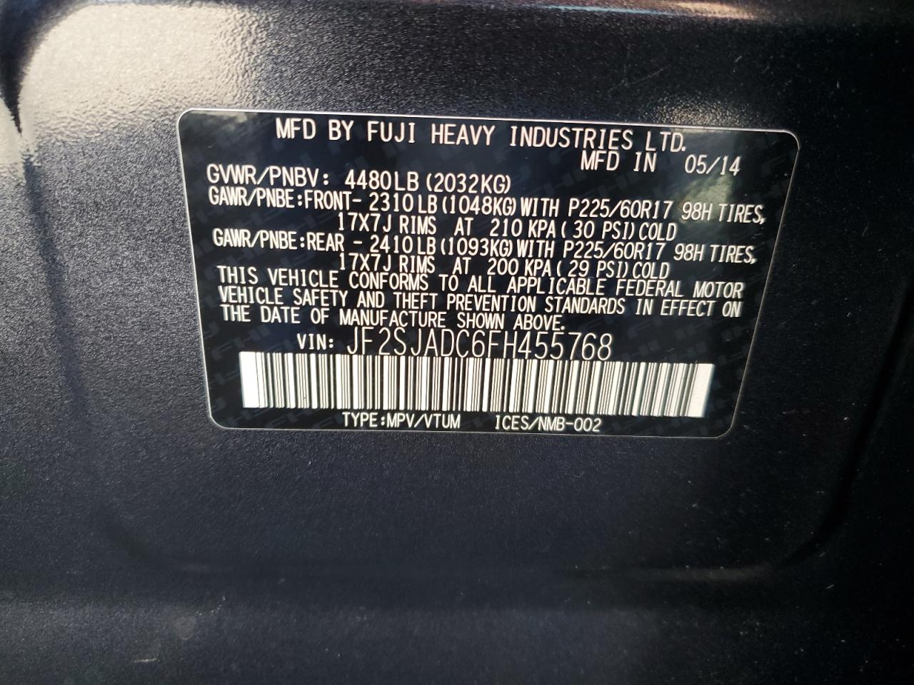 2015 Subaru Forester 2.5I Premium VIN: JF2SJADC6FH455768 Lot: 87209365