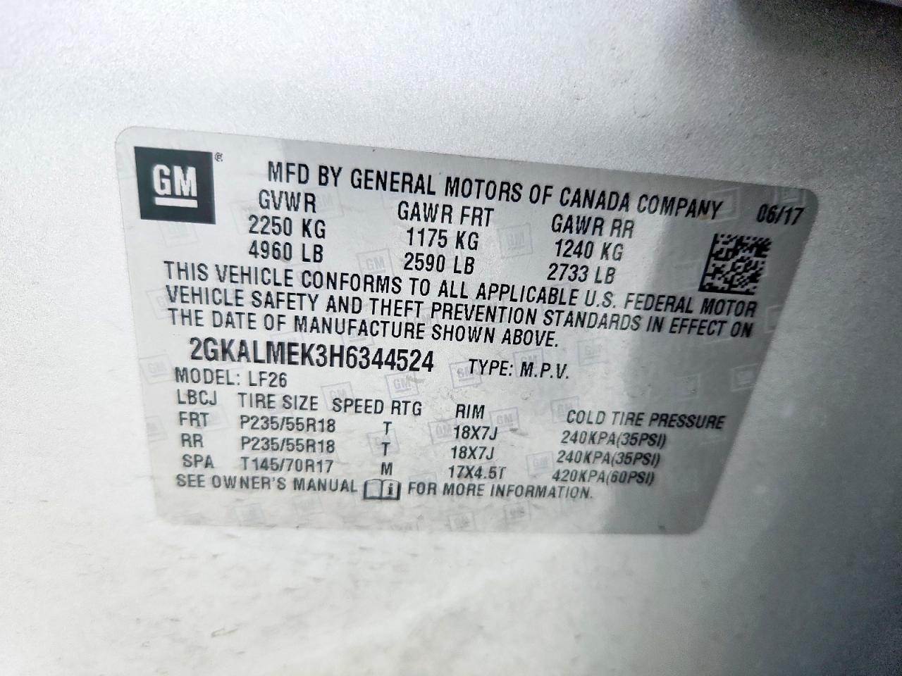 2017 GMC Terrain Sle VIN: 2GKALMEK3H6344524 Lot: 85849555