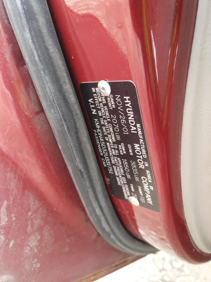 2002 Hyundai Elantra Gls VIN: KMHDN45D32U331751 Lot: 86715625