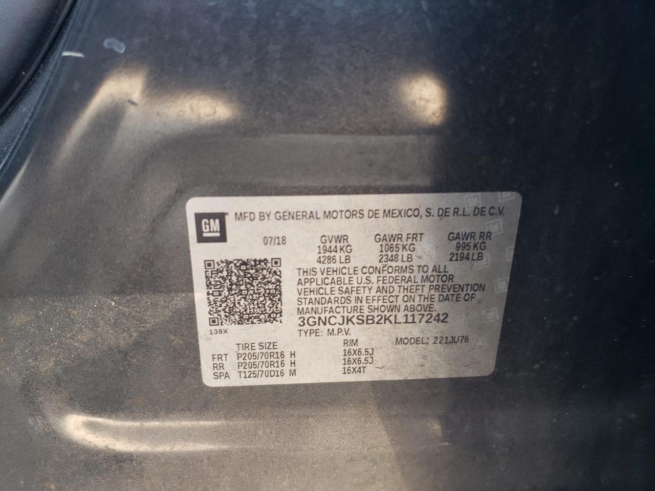 2019 Chevrolet Trax Ls VIN: 3GNCJKSB2KL117242 Lot: 87060945