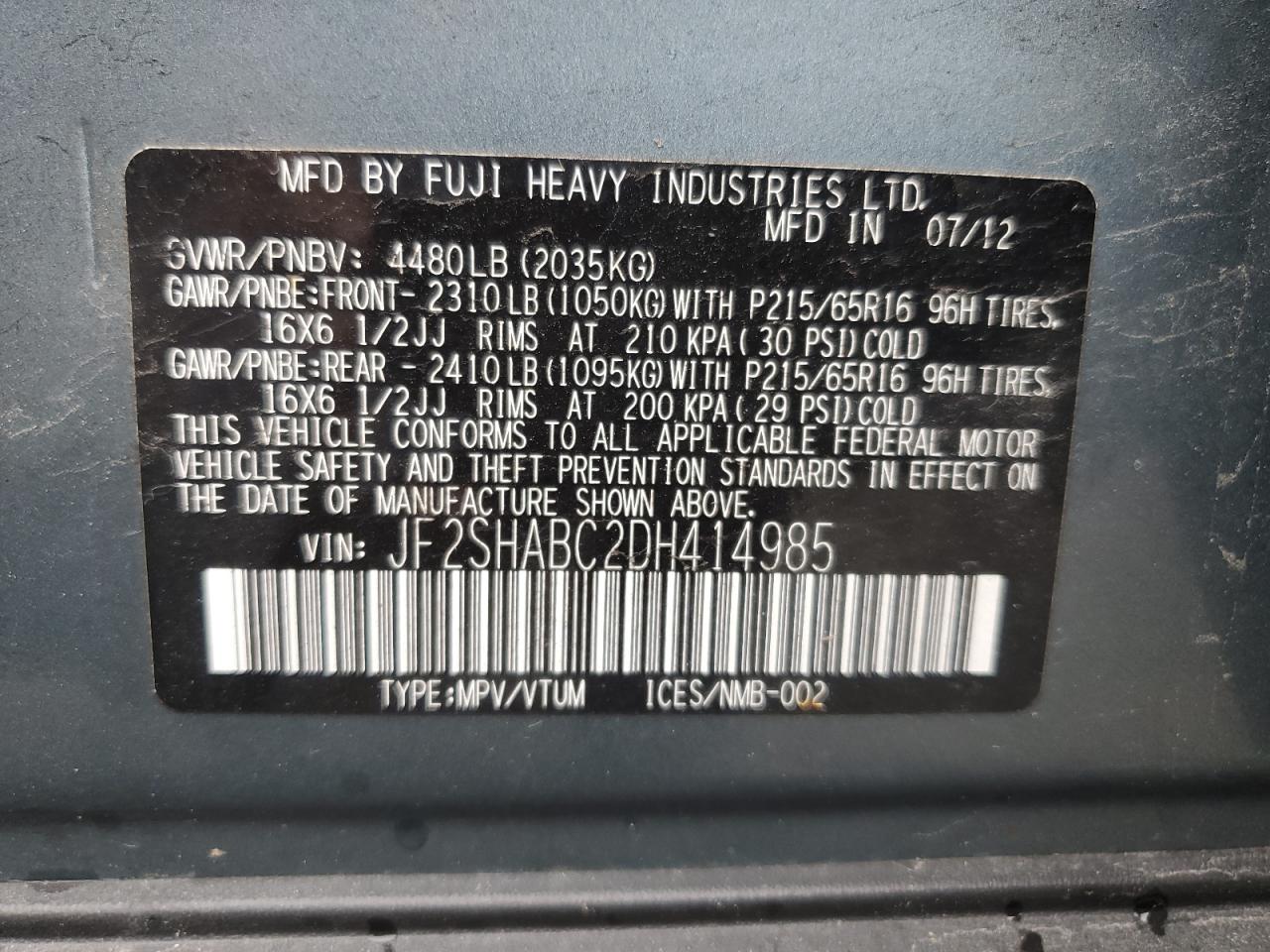 2013 Subaru Forester 2.5X VIN: JF2SHABC2DH414985 Lot: 85536175