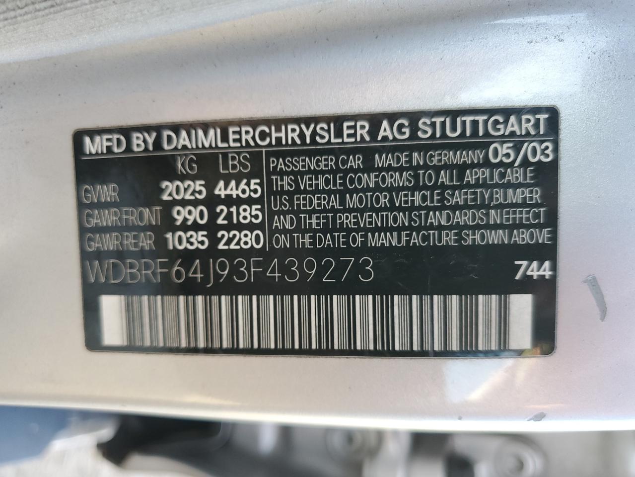 2003 Mercedes-Benz C 320 VIN: WDBRF64J93F439273 Lot: 85079615