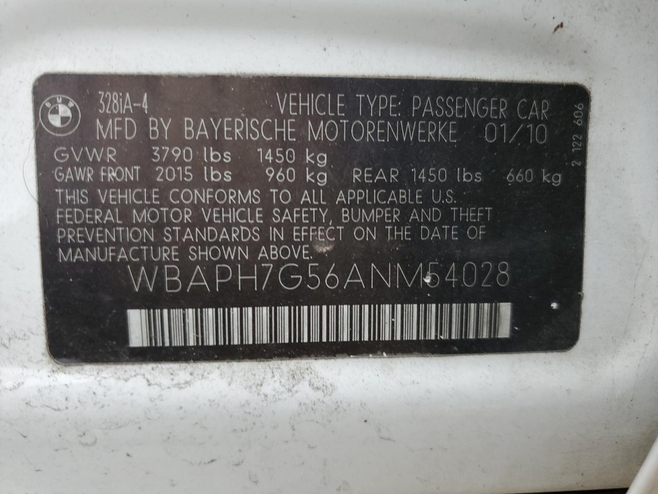 2010 BMW 328 I VIN: WBAPH7G56ANM54028 Lot: 90370555