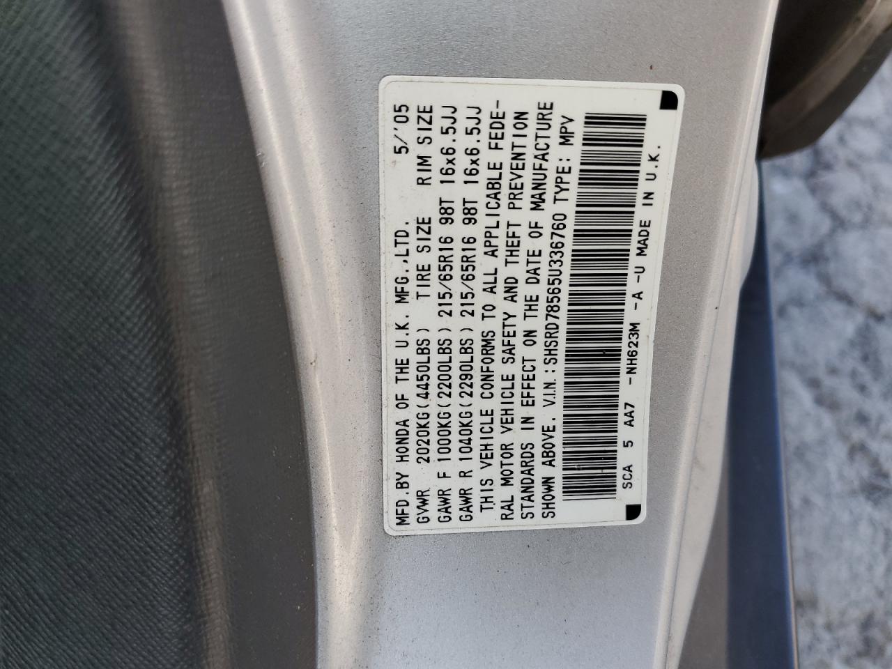 2005 Honda Cr-V Lx VIN: SHSRD78565U336760 Lot: 86281505