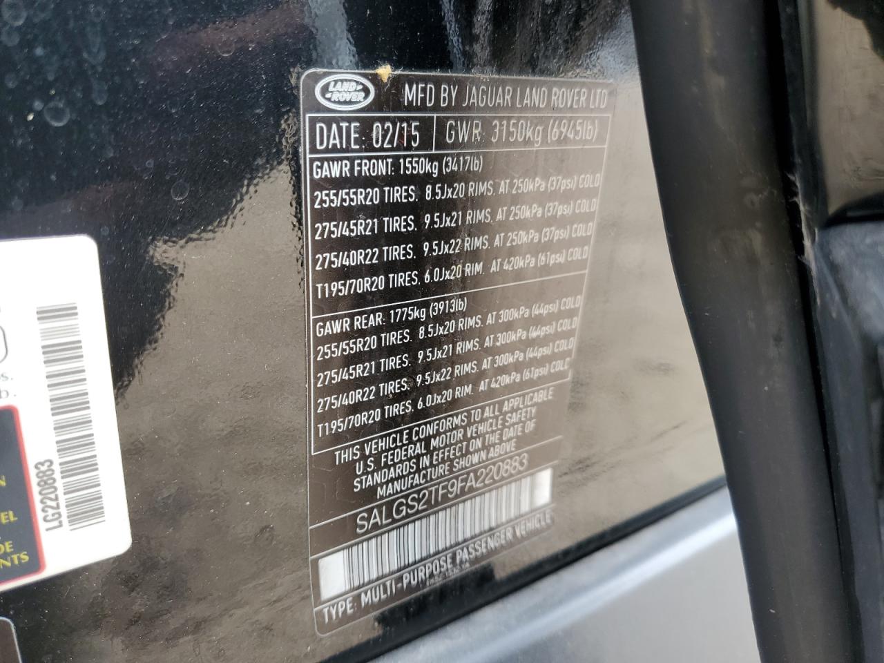 2015 Land Rover Range Rover Supercharged VIN: SALGS2TF9FA220883 Lot: 91018575