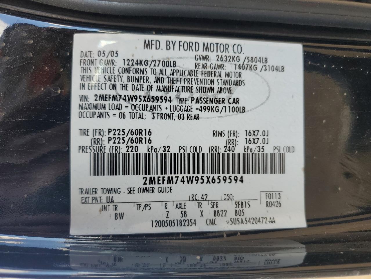 2005 Mercury Grand Marquis Gs VIN: 2MEFM74W95X659594 Lot: 84277265